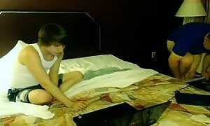 Real dad and son in a motel.