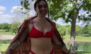Abby Berner red bikini show body sexy