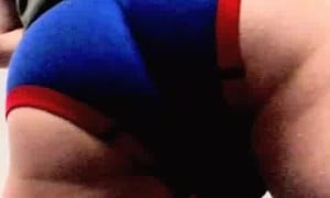 Huge ass Gurl Rips Ass in blue superman Briefs